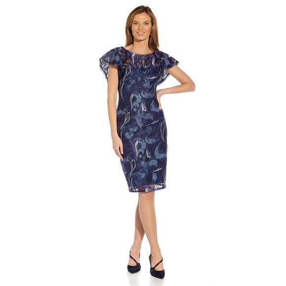 Adrianna Papell Women's Embroidered Flutter Sheath 16 Navy Multi